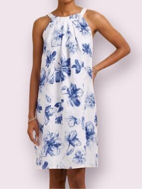 Bellambra Made in Italy Linen Floral Halter Dress White Blue Medium